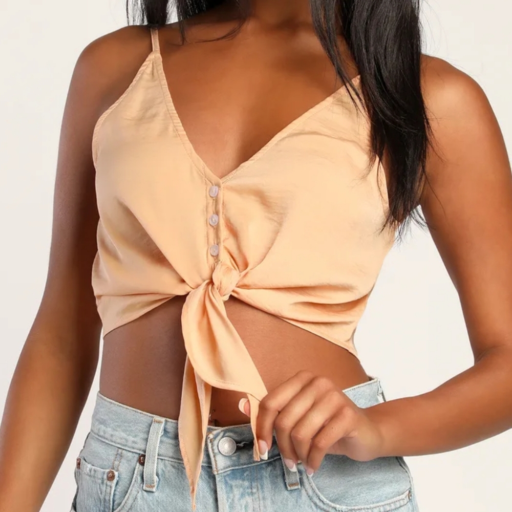 Lulus Breezy Basics Silky Peach Sleeveless Button  Up Tie-Front Crop Cami Top XL